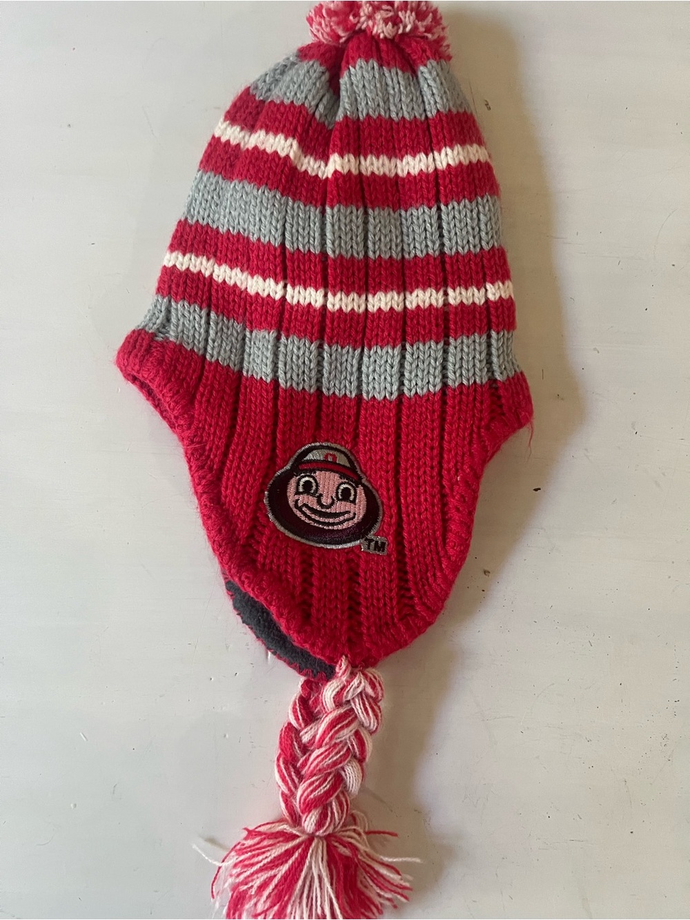 Ohio State Red & Gray Striped Pom Pom Kids Beanie Hat - Branded Earflap Knit